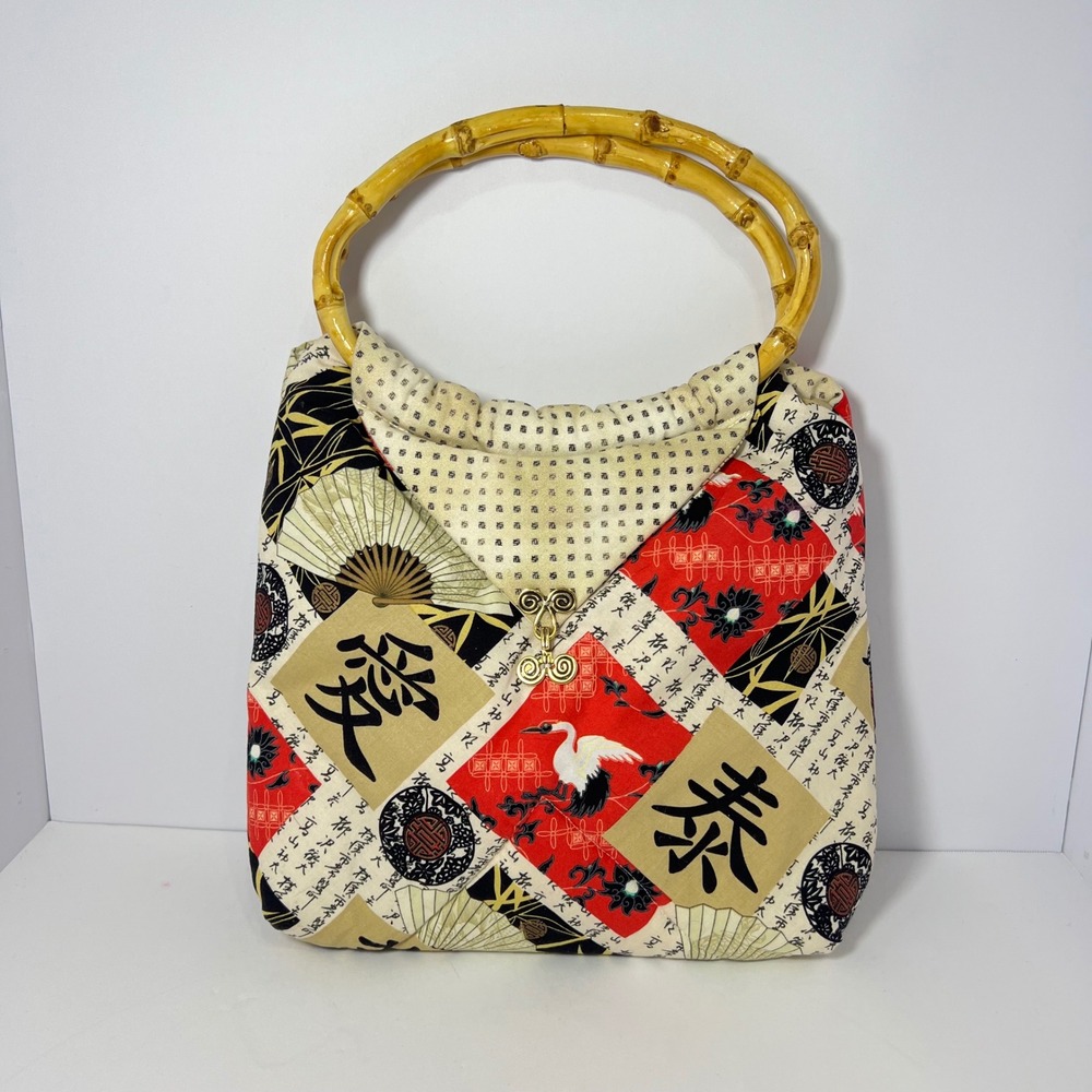 Vintage Kimono Fabric Handbag Bamboo Handle Japanese Patchwork Print Quilt Boho